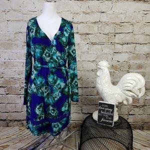 Simply Vera Vera Wang M Faux Wrap Dress Floral Teal Purple Long Sleeve Work M